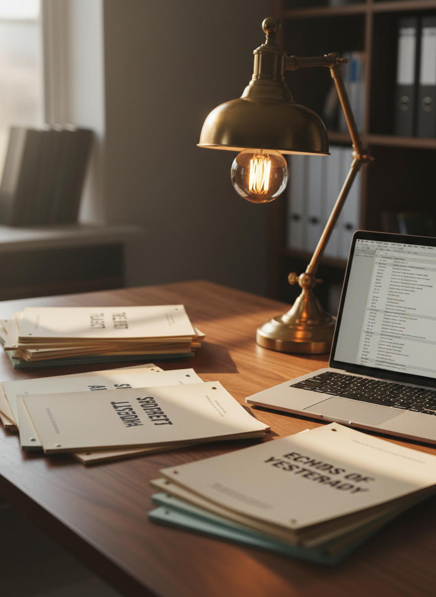 A polished walnut desk in a quiet, modern home office, its surface covered with neatly stacked, color-coded screenplays, each with bold, professional title pages and studio-style brass fasteners. Beside them rests a sleek, open laptop displaying a formatted script page, and a heavy, vintage brass desk lamp with a warm filament bulb. Soft, late-afternoon natural light filters through unseen windows, mixing with the lamp’s glow to create gentle highlights on the script pages and subtle shadows along the desk’s grain. Shot at eye level with a shallow depth of field, the foreground pages are in crisp focus while the background blurs into abstract shelves of film books and binders. The photographic realism and clean, uncluttered composition convey a focused, professional, and accomplished writing environment.