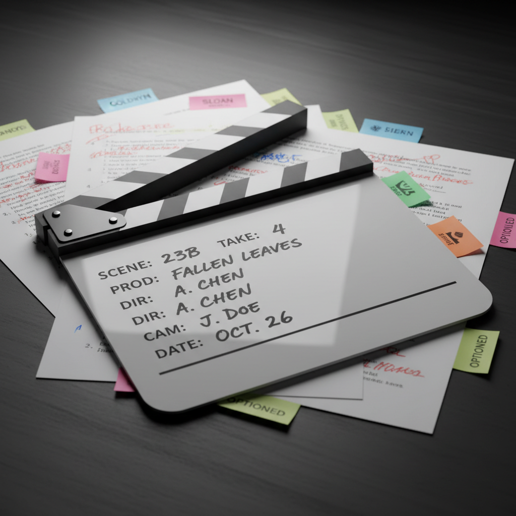 A pristine, glossy white clapperboard lying diagonally across a spread of annotated screenplay pages, the clapper’s black stripes slightly worn from heavy use and its slate filled with clearly written scene and take information. Underneath, script pages are marked with colorful sticky tabs branded with names like “Goldwyn,” “Sloan,” and “Optioned,” along with precise handwritten margin notes. The scene is set on a dark, matte-finished table that contrasts with the bright paper. Soft studio lighting from above creates gentle, professional highlights along the clapperboard’s edges and crisp shadows from the tabs. Captured from a slightly elevated angle with sharp focus, the photographic image has a modern, cinematic portfolio feel, emphasizing achievement and industry experience without feeling cluttered or flashy.