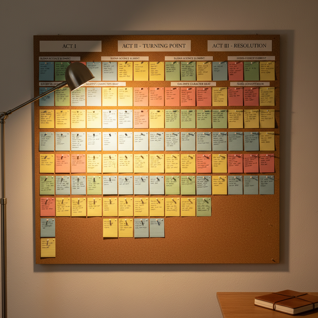 An elegant corkboard in a quiet studio space, entirely covered with color-coded index cards arranged in precise rows, forming an intricate story map. Headings like “Act I,” “Act II – Turning Point,” and “Act III – Resolution” are neatly printed at the top of each section, with small labels noting “Sloan Science Element,” “Goldwyn Character Beat,” and “High-Concept Hook.” A slim, brushed-metal desk lamp casts warm, directional light across the board, highlighting the texture of the cards and pins while leaving the surrounding wall in soft shadow. Captured at a slight angle with selective focus that sharpens the center rows and gently blurs the outer edges, the photographic image has a calm, methodical mood, emphasizing a disciplined, professional outlining process for sophisticated, award-caliber scripts.