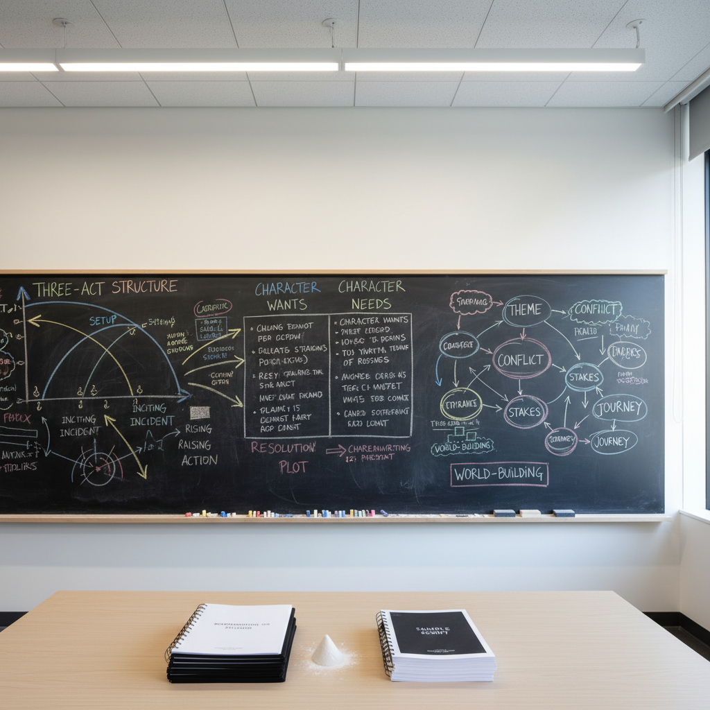 A long chalkboard wall in a modern classroom filled with an intricate web of neatly written screenwriting notes: three-act structure arcs, character wants vs. needs charts, and arrows connecting theme, conflict, and stakes. Colorful chalk outlines distinguish plot, character, and world-building, while a lower ledge holds an orderly row of chalk sticks and a small pile of used erasers. At the base of the wall, a tidy stack of printed syllabi and sample scripts sits on a simple, light-wood table. Overhead fluorescent lights provide even illumination, while a narrow window to the side allows a hint of natural light, softening the room’s edges. Shot straight-on with wide framing and sharp depth of field, the photographic, academic atmosphere communicates extensive teaching experience and a clear, structured approach to craft.