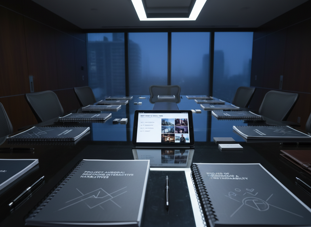 A cinematic conference table made of dark glass in a sleek studio boardroom, its reflective surface covered with neatly arranged, spiral-bound pitch decks, each sporting minimalist covers with bold loglines and subtle graphic motifs. An open tablet rests at the center, displaying a slide with a beat sheet and visual tone references. Around the materials, elegant pens, a closed leather folio, and a small stack of business cards with understated typography suggest high-level meetings. Overhead, recessed lighting casts controlled, cool-toned illumination that creates precise reflections on the glass and a focused pool of light around the tablet. Shot from a low, three-quarter angle with a medium depth of field, the photographic realism and clean, corporate aesthetic create a calm, confident atmosphere that communicates seasoned pitching experience.