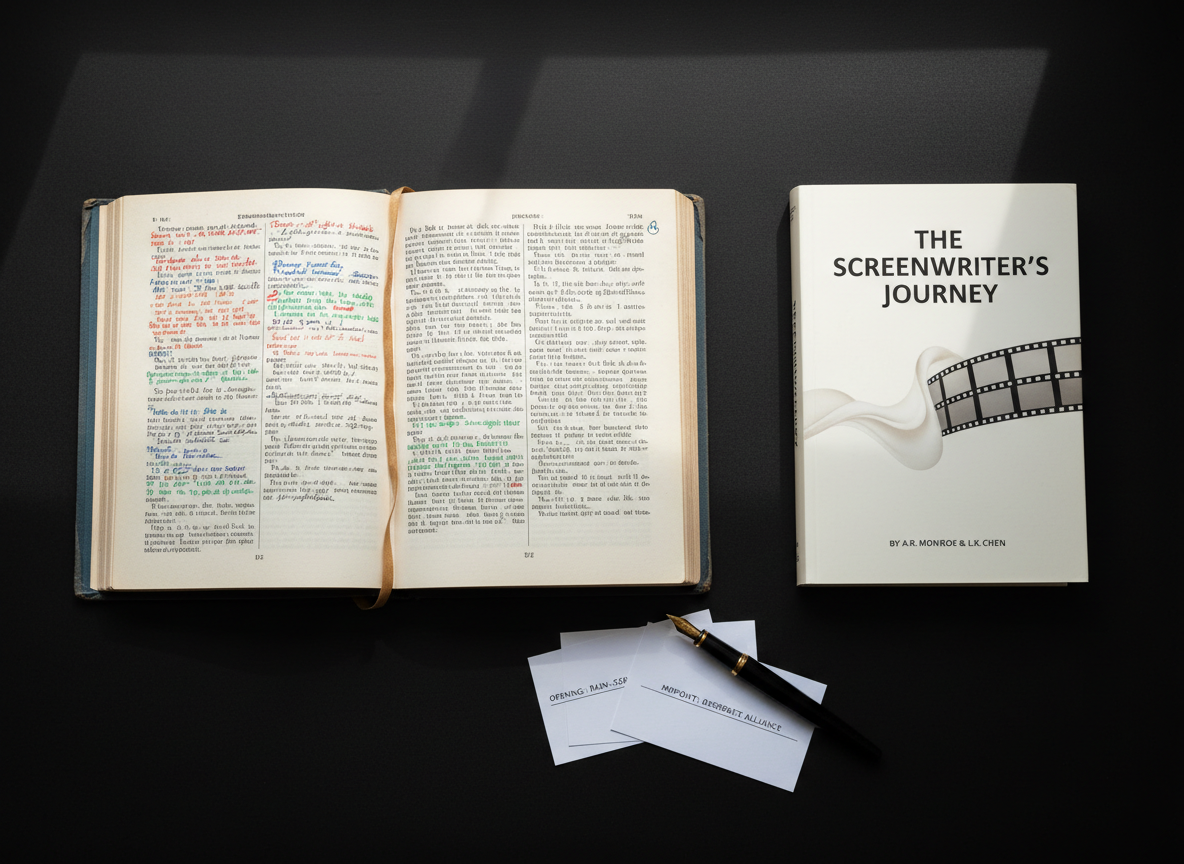 A well-worn, clothbound screenwriting book lies open on a matte black table, its spine gently cracked and margins filled with meticulous, color-coded notes. Beside it, a freshly printed co-authored edition of the same title stands upright, its crisp cover design featuring modern typography and a subtle abstract image of a manuscript page morphing into film frames. Surrounding them are a few scattered index cards with typed scene ideas and a capped fountain pen resting at an angle. Soft, diffused window light from the left washes across the scene, creating delicate gradients on the book covers and paper texture. Photographed from above with sharp focus and balanced negative space, the image feels scholarly, professional, and reflective, underscoring deep craft knowledge and published authority in screenwriting.