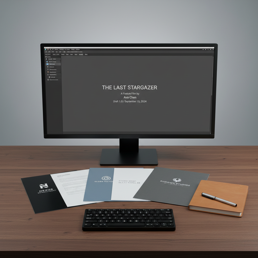 A minimalist, high-end workspace with a large, matte-finish black monitor displaying professional screenwriting software, a feature script’s first page precisely formatted on the screen. On the walnut desk below, branded folders from major media companies fan outward, each slightly ajar to reveal contract headers and story brief cover sheets, their logos tastefully visible but not overpowering. A slim mechanical keyboard and a closed notebook with a pen resting perfectly centered add to the sense of order. Cool, even studio lighting illuminates the workspace without harsh shadows, lending a neutral, focused tone. Framed in a straight-on, eye-level composition with clean lines and photographic realism, the image suggests an organized, reliable writer engaged in ongoing write-for-hire work for prominent clients.